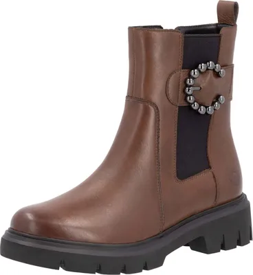 A single brown Chelsea boot with a decorative buckle is shown against a white background.
