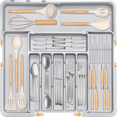 Produktbild von Besteckkasten Besteckschubladen-Organizer, erweiterbarer Besteckkasten mit abnehmbarem Messerblock, Besteckkasten für Schubladen, Besteck-Organizer, v