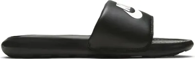 A black Nike slide sandal is shown from the side against a white background.