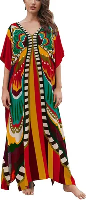Productafbeelding van Lange dames kaftan voor het strand, eenheidsmaat, met bloemenprint in rood en blauw