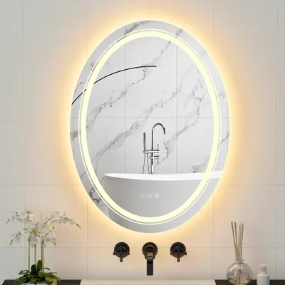 Image de Miroir de salle de bain LED ovale Vrygle 50 × 70 cm – Intensité réglable avec éclairage frontal et arrière, 3 couleurs de lumière, anti-buée, miroir de salle de bain avec interrupteur tactile
