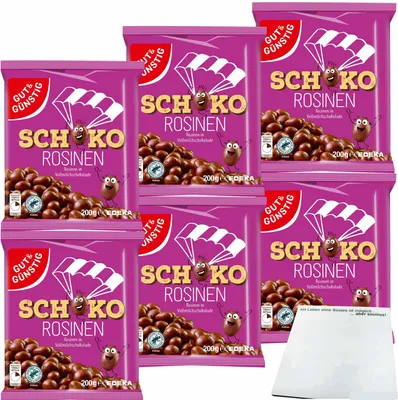 Produktbild von Gut & Günstig Schoko-Rosinen Rosinen in Vollmilchschokolade 6er Pack (6x200g Packung) + usy Block