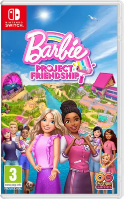 The image is a video game cover for Nintendo Switch, featuring Barbie and her friends in a colorful, cartoonish landscape.