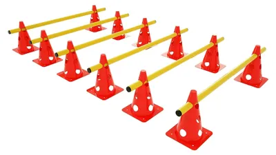 Produktbild von 6-teiliges Steckhürdenset für Koordinationstraining - 12 Mehrzweckkegel und 6 höhenverstellbare Stangen für Agility-Training