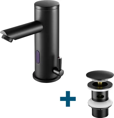 Produktbild von Infrarot Sensor Wasserhahn Automatik Waschtischarmatur + Ablaufgarnitur mit Überlauf, Einhandmischer Wasserhahn Bad mit Pop Up, Schwarz