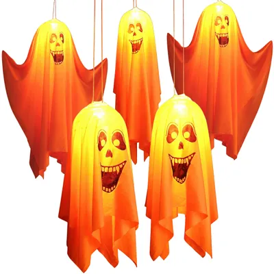 Image de Décoration d'Halloween pour l'extérieur, 5 pièces, fantômes suspendus en forme de guirlande avec guirlandes lumineuses, décorations LED pour Halloween, fêtes de Noël, jardins