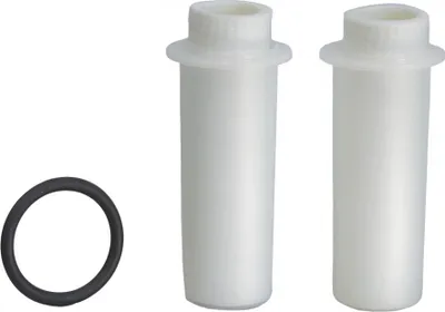 Two white filter cartridges and a black O-ring are arranged on a white background.