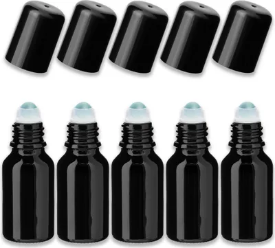 Produktbild von 5x Glasflasche schwarz 15 ml Roll-on mit schwarzer Kappe Glaskugel Set