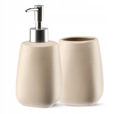Produktbild von KADAX Badezimmer Set aus Keramik "Palmi", Badezimmeraufbewahrung, Seifenspender, Badezimmerbecher, Badaccessoires, Beige