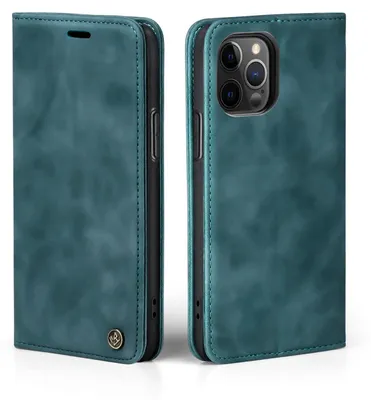 Two views of a teal flip-style phone case for an iPhone 12 Pro, shown against a white background.