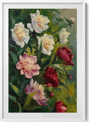 Produktbild von Gemalte schöne Blumen– Wandbild mit Rahmen – Gerahmtes Bild  – Wanddekoration – 70x100 cm –  Weiß Rahmen