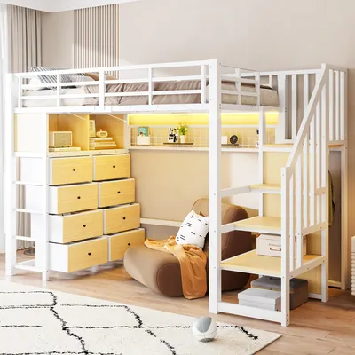 Produktbild von Flieks Etagenbett 90x200cm mit 8 Schubladen, Hochbett Metallbett mit Led und Staufächern, Kinderbett Jugendbett mit Kleiderstange, Weiß