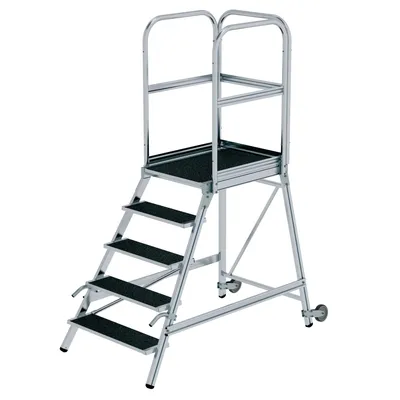 Produktbild von Günzburger Steigtechnik Podesttreppe einseitig begehbar mit Rollen & Griffen Korrundbeschichtung R13 5 Stufen - 055105