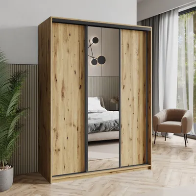 Produktbild von Masseno Schiebetürenschrank TAVI 150/205/60 cm Kleiderschrank mit Schubladen Schlafzimmer Schrank 3-türig mit Spiegel Eiche Artisan + Schwarz