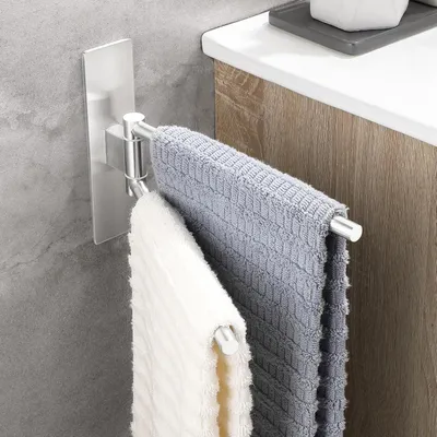 Obrázek produktu pro Držák na ručníky bez vrtání, 22 cm, otočný o 180°, samolepicí, nerezová ocel 304, stříbrná barva, dvojitý držák