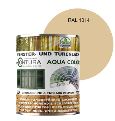 Produktbild von Contura 750ml Fenster und Türenlack Seidenmatt nach RAL 2in1 mit Pinsel Möbellack Innen und Außen Holzlack - RAL 1014 Elfenbein