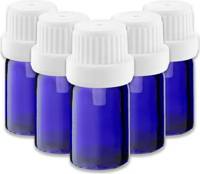 Produktbild von 5x Blaue Glasflasche 5 ml mit weißem Tropfeinsatz Tropfer Fläschchen