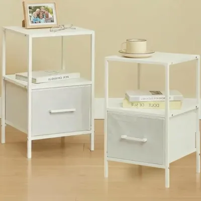 Obrázek produktu pro Noční stolek – Sada konferenčních stolků – Úložný prostor do ložnice – S látkovými zásuvkami – 30x30x50 cm – Bílá barva