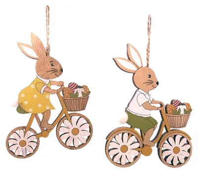 Holz-Hase auf Fahrrad, 9x12 cm, 2er-Set Osterdeko