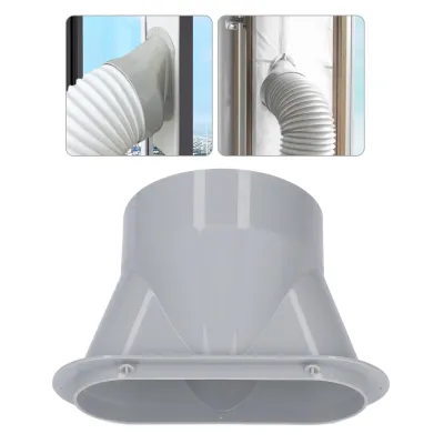 Collage showing a portable air conditioner exhaust hose adapter connected to a window and a separate view of the adapter itself.