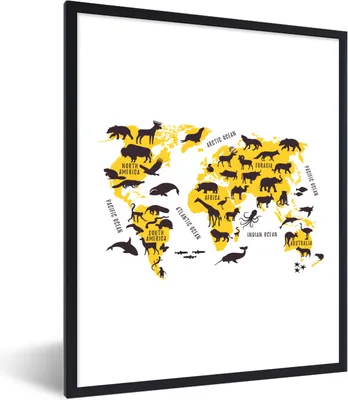Produktbild von MuchoWow® Gerahmtes Poster Weltkarte - Tiere - Gelb 60x80 cm - Poster mit Schwarzem Bilderrahmen Wandposter Rahmen Foto Bilder - Premium - Wanddeko Wohnzimmer