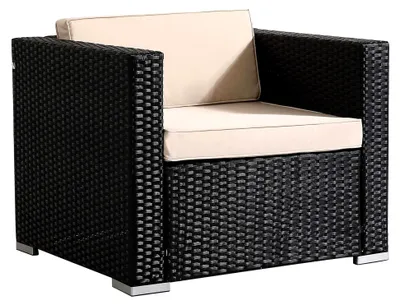 Produktbild von Gartenlounge Sessel aus Poly-Rattan | Inklusive Sitz- und Rückenkissen | Schwarz | Wetterfest | 85 x 75 x 34 cm