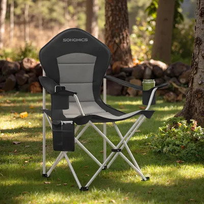 Produktbild von SONGMICS Faltbarer Outdoor-Stuhl, breiter Sitz, hohe Rückenlehne, Getränkehalter, Organizer, tragbar, schwarz-grau