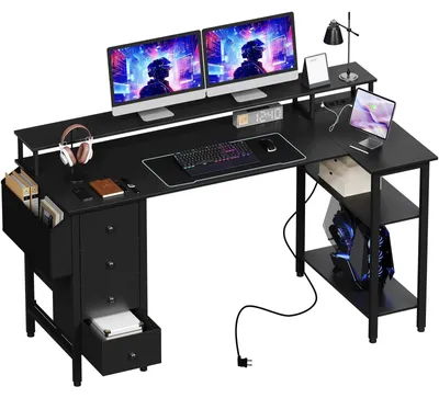 Image de Bureau d'ordinateur en L - Support d'écran 18 cm - Avec tiroirs et sac de rangement - Noir - 140 x 68 cm - Pour bureau et gaming