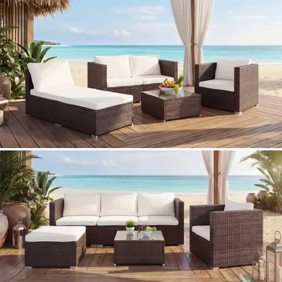 Zdjęcie produktu dla Zestaw polirattanowy Brescia, zestaw ogrodowy sofa lounge ~ brązowy, poduszki kremowe