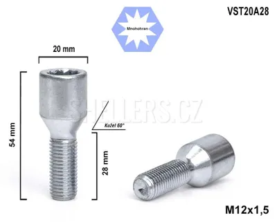 Obrázek produktu pro Kolový šroub M12x1,5x28 kužel s vnitřním mnohohranem, VST20A28, průměr hlavy 20mm, výška 54 mm