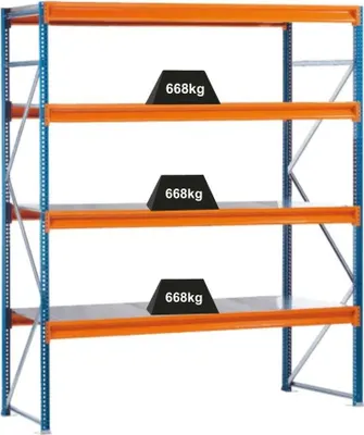 Produktbild von Schulte Weitspannregal mit Stahlpaneelen W 100 | Grundregal | HxBxT 250x214x120cm | 4 Ebenen | Fachlast 668 kg | Blau/Orange/Verzinkt