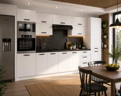 Produktbild von ULWEHOME | Küchenzeile 300 cm Mattweiß, Küchenmöbel-Set Weiß Matt mit Backofen-Mikrowellenschrank, Vorratsschrank & geteilten Arbeitsplatten 120 cm, KI-generiertes Bild