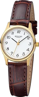A close-up studio shot of a women's wristwatch with a leather strap.