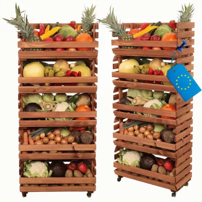 Produktbild von MODO24 Gemüseregal Holz, 5 Holzkisten, Kartoffelsteige, Obstregal, Rollenregal, Stapelbar, Vorratsregal, Massivholz Kiefer, 132x57x30 cm, Braun, RAWA
