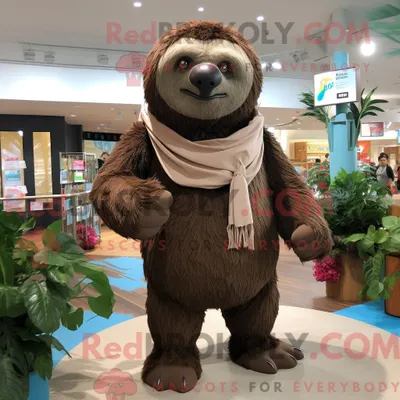 Productafbeelding van Mascottefiguur REDBROKOLY van een bruine reuzeluiaard gekleed met een bermudashort en sjaalclips