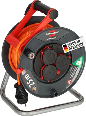 A Brennenstuhl Garant V2 IP44 cable reel with a 25m orange cable, shown from the front on a white background.