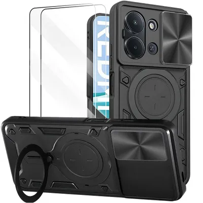 Image de Coque + 2 Verres Trempés pour Xiaomi Redmi 15C 4G/5G, Rigide avec Anneau et Protection Objectif - Noir