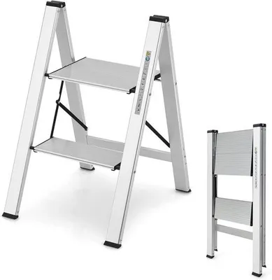 Produktbild von Famanu Aluminium-Leiter 2 Stufen, klappbar, rutschfest und stabil, silber