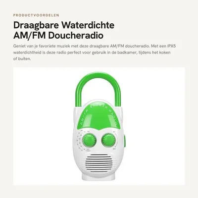 Productafbeelding van Doucheradio Waterdicht IPX5 - Draagbare Radio - AM/FM Radio - Ingebouwde Luidspreker - Verstelbaar Volume - Geschikt voor Badkamer