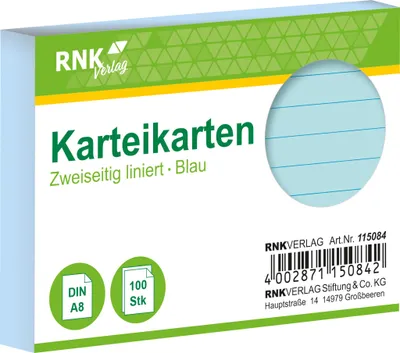 Immagine prodotto di RNK Verlag 115084 Karteikarten - DIN A8, liniert, blau, 100 Karten