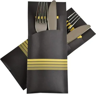 Produktbild von 520x Pochetto Bestecktaschen 200x85mm schwarz gelbe Streifen inkl Serviette