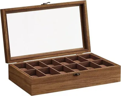 Productafbeelding van Unyqoos® horlogebox van massief hout – 12 vakken, glazen deksel, fluweelvoering en horlogenkussens, notenhout, geschikt voor horloges tot Ø51 mm