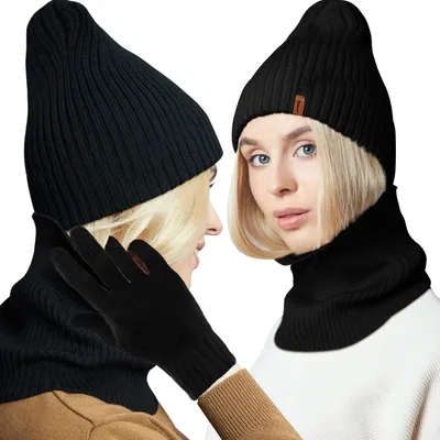 Image de Set d'hiver Bonnet Loop Gants Chaud pour femme et homme Acrylique Noir 22100