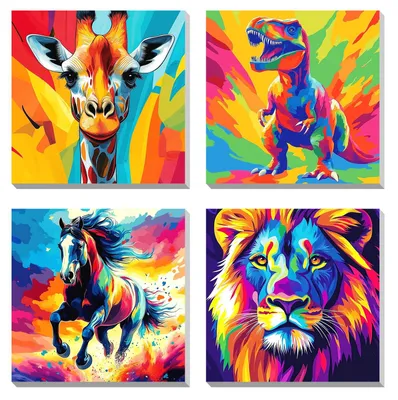 Produktbild von Malen nach Zahlen Set - 4-teilig mit Rahmen - DIY Acrylmalerei für Erwachsene und Kinder - Bunte Tiere - Leinwand 40x50 cm