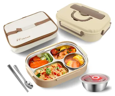 Produktbild von Lunchbehälter mit Suppenschüssel, Essstäbchen und Löffel, 304 Edelstahl, 4 Fächer, Verdickt, Mikrowellengeeignet, Isolierte Lunchbox für Büro und Schule (Beige)