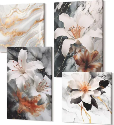 Produktbild von Leinwandbild Set 4-teilig – Modernes Wandbild – Polycanvas Kunstdruck – Abstrakte Bilder – Hochwertige Wandkunst – 2x 40x40 cm + 2x 40x60 cm – Blumen auf Marmorgrund in Weiß- und Schwarztönen