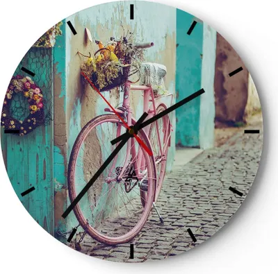 Produktbild von Wanduhr - Rund - Glasuhr - Rosa Fahrrad Vintage - 30x30cm - Schleichendes Uhrwerk - Lautlos - zum Aufhängen bereit - Dekoration Modern - Wanddekoration aus Glas - C3AR30x30-4471