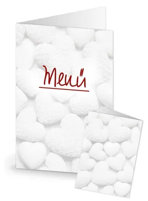 Produktbild von Menükarten mit weißen Herzen MENÜ Speisekarten DIN A5 weiß rot zum Bedrucken 10 Stück10 Stück