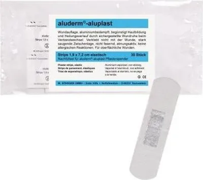 Produktbild von aluderm ® Wundpflaster 1,9 x 7,2 cm (B x L) Polyestervlies aluminiumbedampft/Polyacrylat weiß 30 St./Pack.