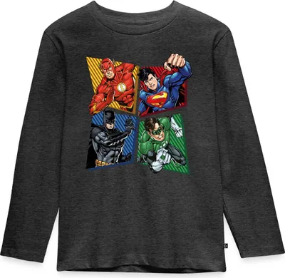 Produktbild von Spreadshirt DC Comics Justice League Superhelden Kinder Premium Langarmshirt, 110/116 (4 Jahre), Anthrazit meliert